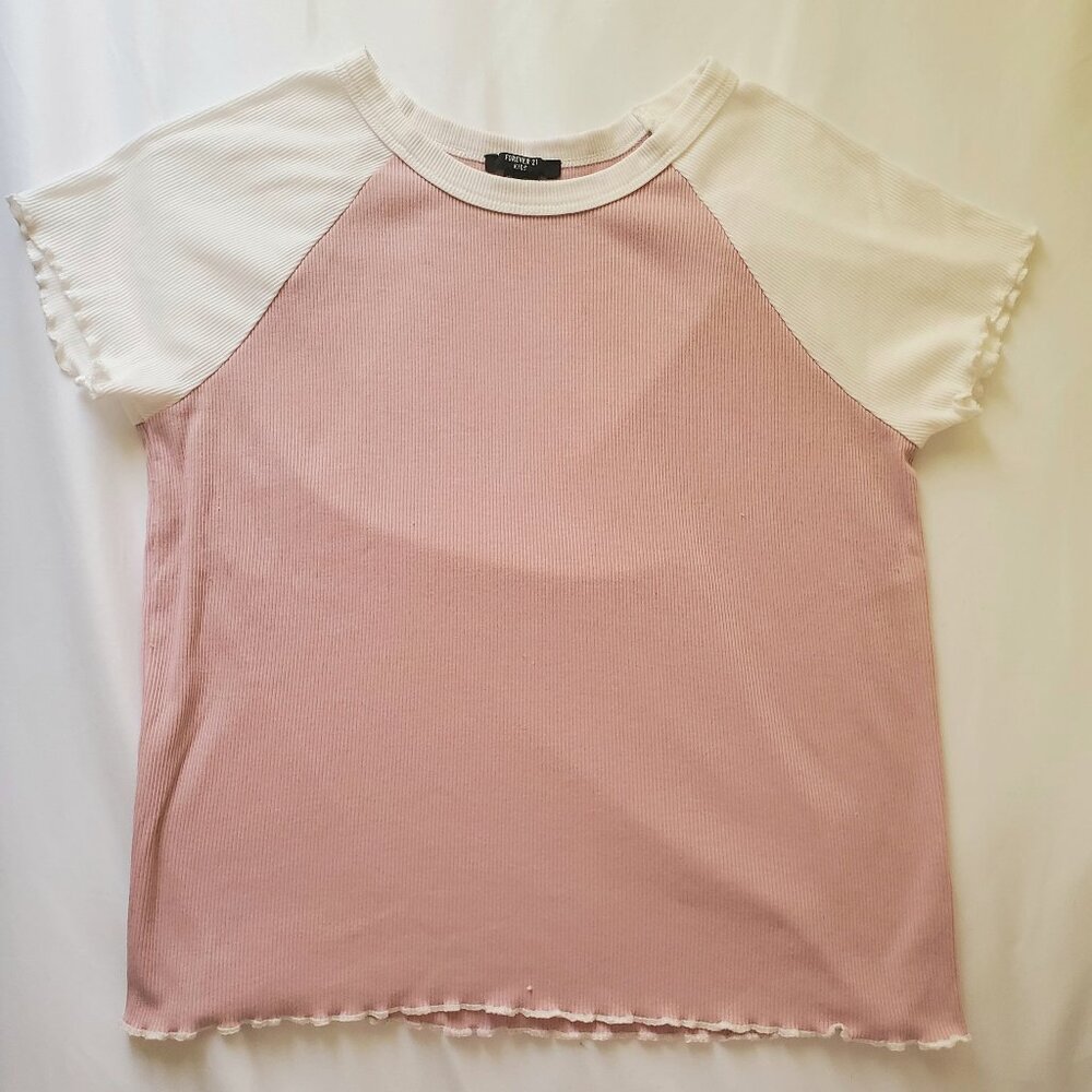 Forever 21 Pink and White Shirt Top Raglan Style Lettuce Hem Womens Small